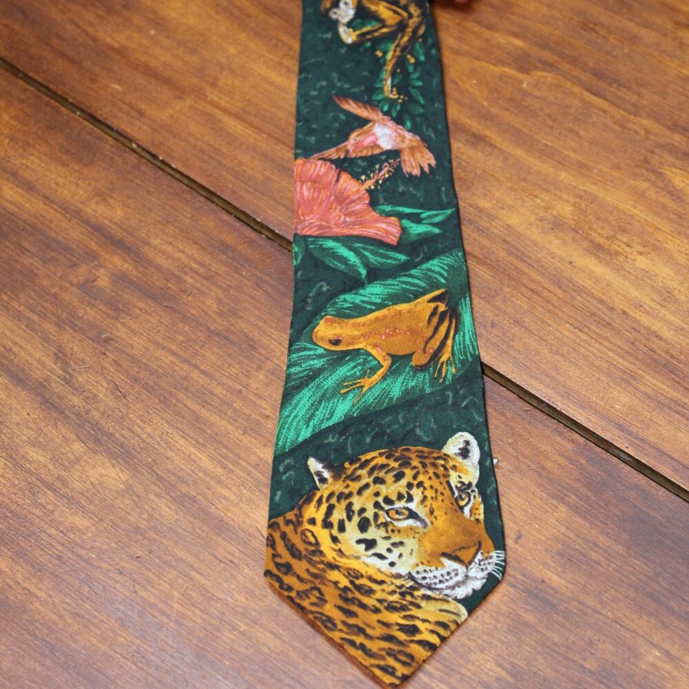 SALE Silk Tie Necktie World Wildlife Fund Jaguar Frog Monkey Hummingbird